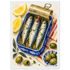 Three sardines in an open blue tin, one wearing a red party hat, surrounded by lemon wedges, olives and striped cloth.