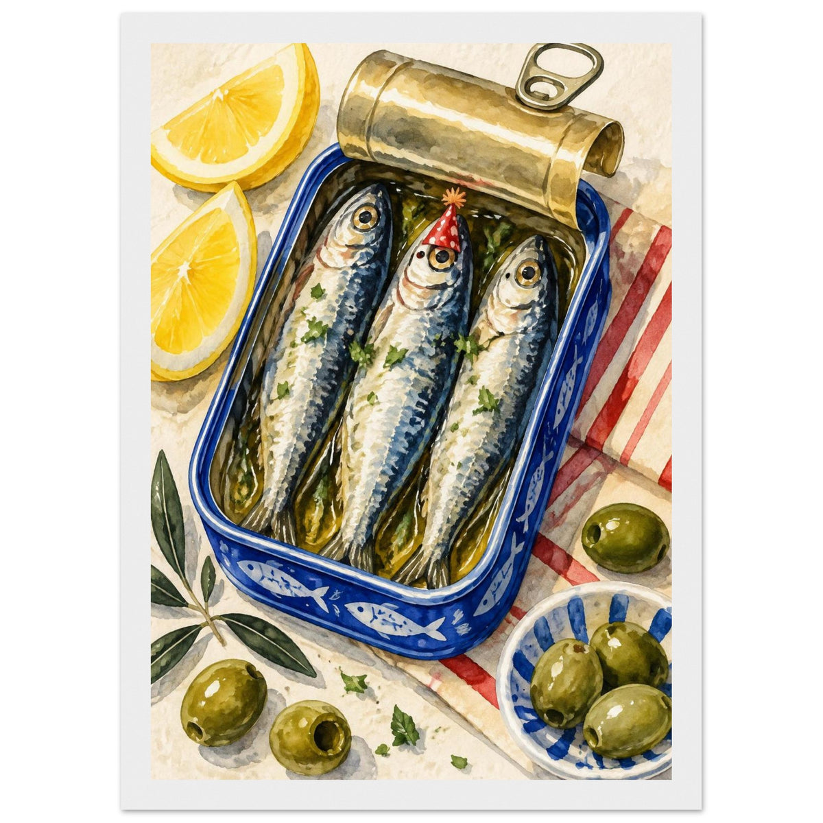 Three sardines in an open blue tin, one wearing a red party hat, surrounded by lemon wedges, olives and striped cloth.