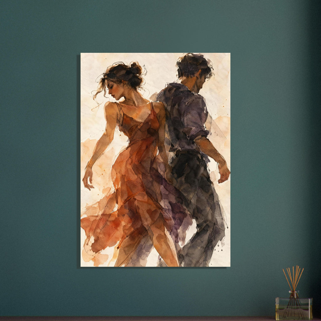 Dancing couple back to back, a woman in a flowing rust-orange dress and a man in dark clothing, in loose watercolour.