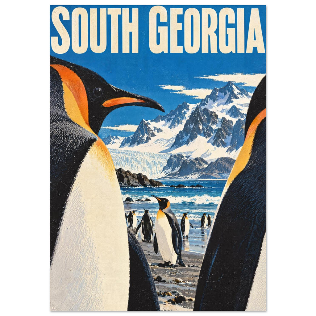Penguins on a shore beneath snowy mountains and blue sky, with large cream South Georgia lettering across the top.
