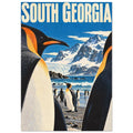 Penguins on a shore beneath snowy mountains and blue sky, with large cream South Georgia lettering across the top.