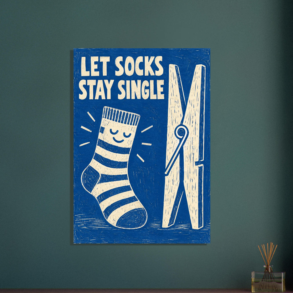 Smiling striped sock beside an oversized clothes peg, with cream “Let Socks Stay Single” lettering on distressed blue.