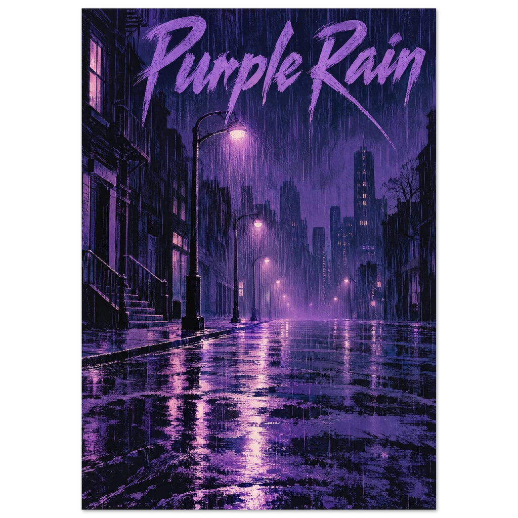 Purple Rain lettering above a dark city street with falling rain, glowing street lamps and purple reflections on wet paving.