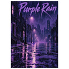 Purple Rain lettering above a dark city street with falling rain, glowing street lamps and purple reflections on wet paving.