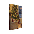 Decorated Christmas tree beside a window overlooking snowy rooftops, with gifts, a cream armchair and glowing candles.