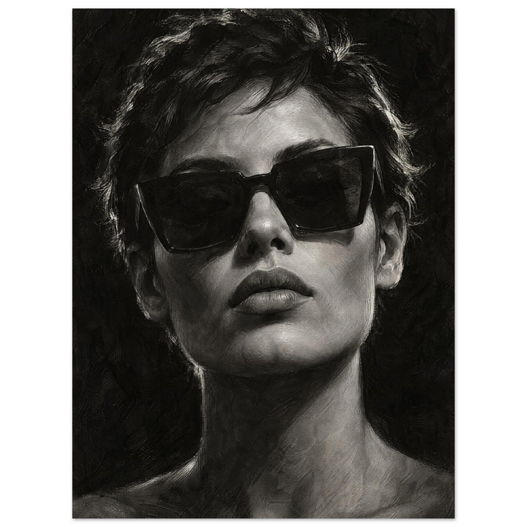 Behind the Sunglasses, a tightly cropped frontal face wearing large geometric sunglasses, with rim-lit short hair against bla