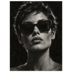 Behind the Sunglasses, a tightly cropped frontal face wearing large geometric sunglasses, with rim-lit short hair against bla