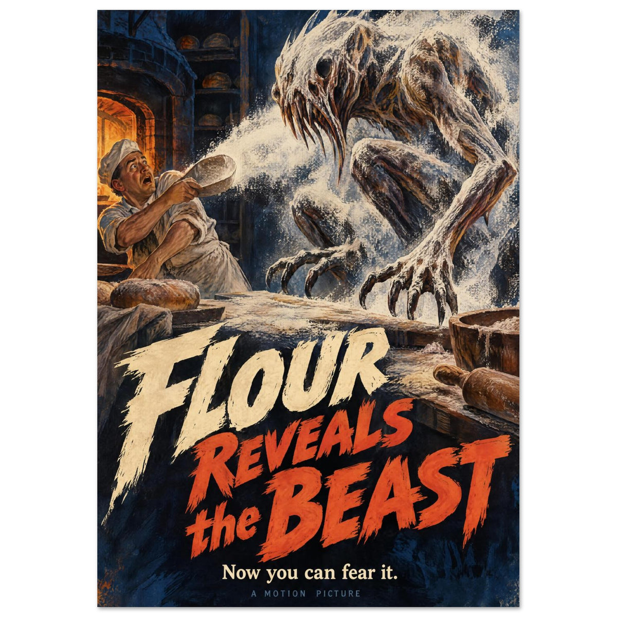 Clawed monster looms over a baker throwing flour in a dark bakery, above the words ‘Flour Reveals the Beast’.