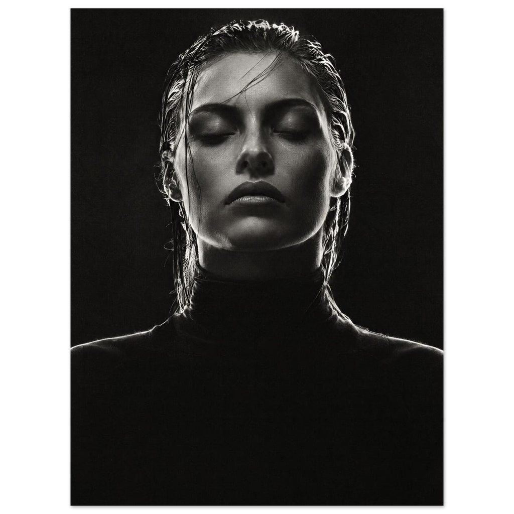 Black and white portrait of a woman with closed eyes, slicked-back hair and a dark high-neck top against black.
