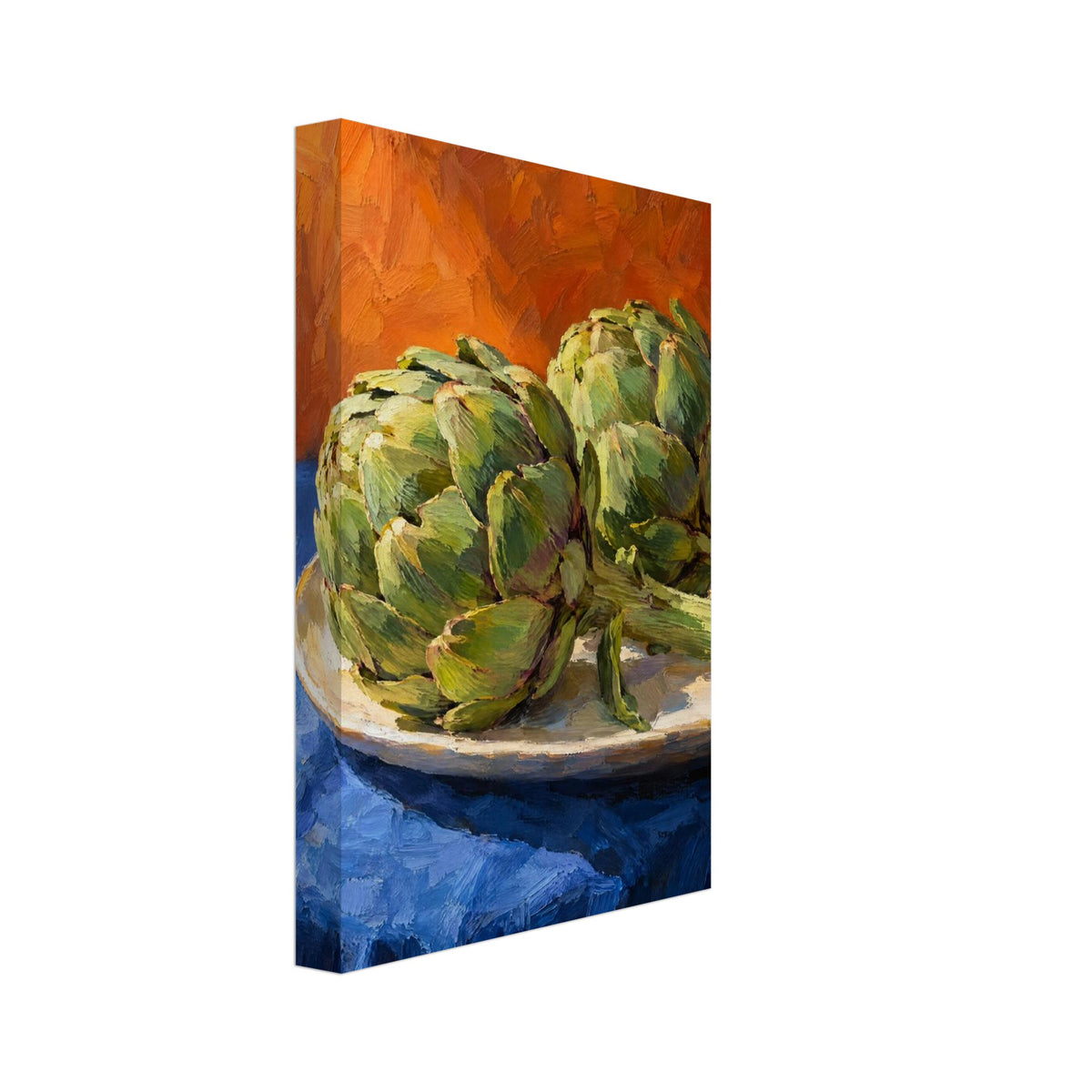 Two green artichokes on a pale oval platter, with a blue tablecloth and orange background in broad painted strokes.