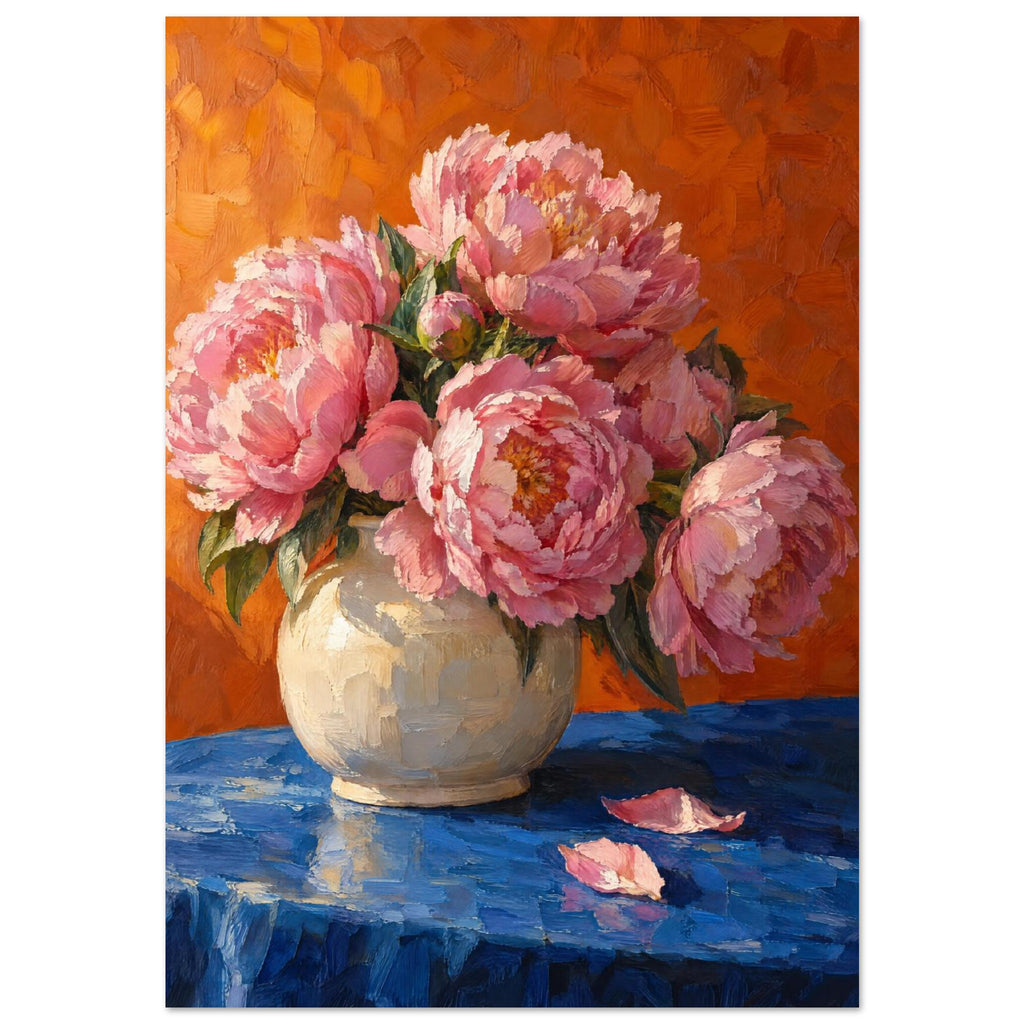 Pink peonies with green leaves in a cream vase on blue fabric against an orange background.