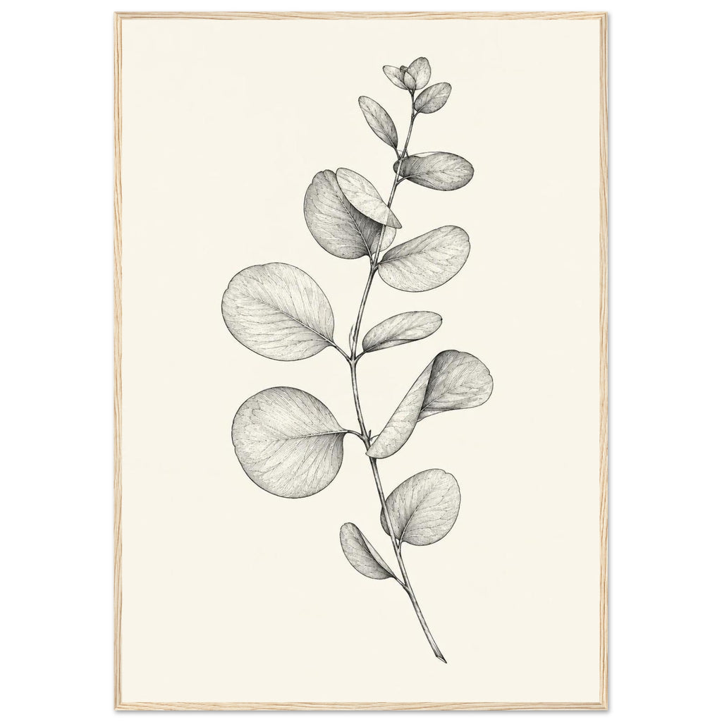 Eucalyptus stem with rounded leaves, fine veins and shaded folds drawn in black and grey on a cream background.