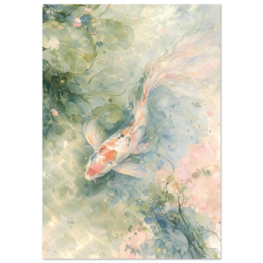 Long-finned koi with coral and dark markings swimming among lily pads in pale green, blue and blush watercolour washes.