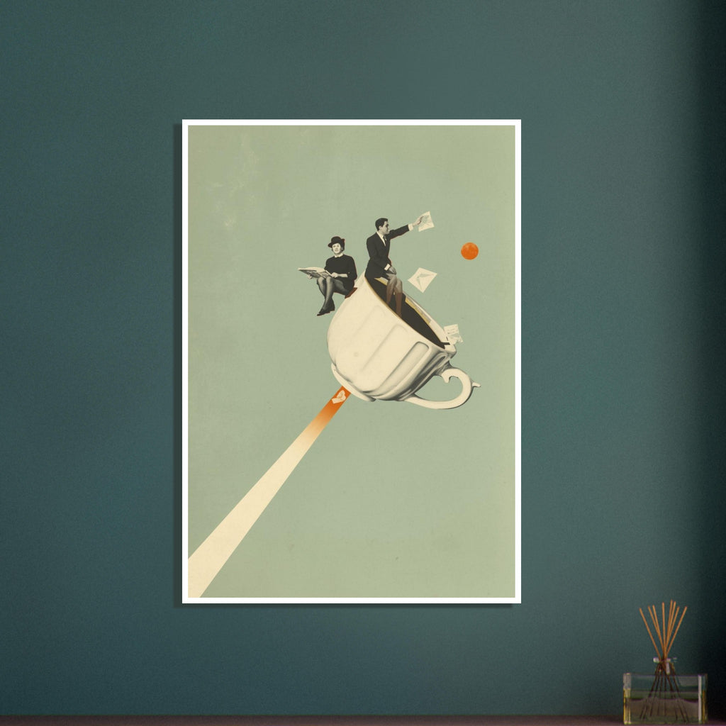 Two figures perched on a flying cream teacup with floating envelopes and a diagonal trail against sage green.