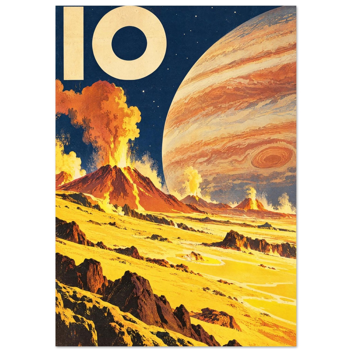 Io's yellow volcanic landscape with orange eruptions, Jupiter against a navy starry sky and large cream IO lettering.