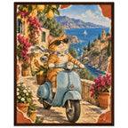 Orange cat in sunglasses and a scarf on a blue scooter, with lemons, flowers, coastal buildings and sailboats behind.