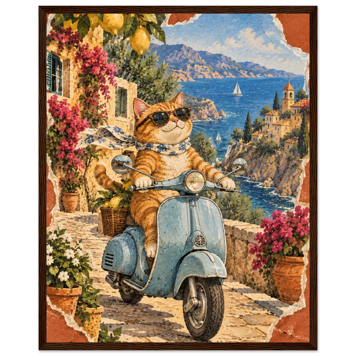 Orange cat in sunglasses and a scarf on a blue scooter, with lemons, flowers, coastal buildings and sailboats behind.