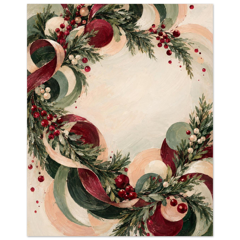 Christmas Eve Wreath in Motion shows an off-centre ring of fir, berries and looping ribbon in sage, burgundy, peach and ivory