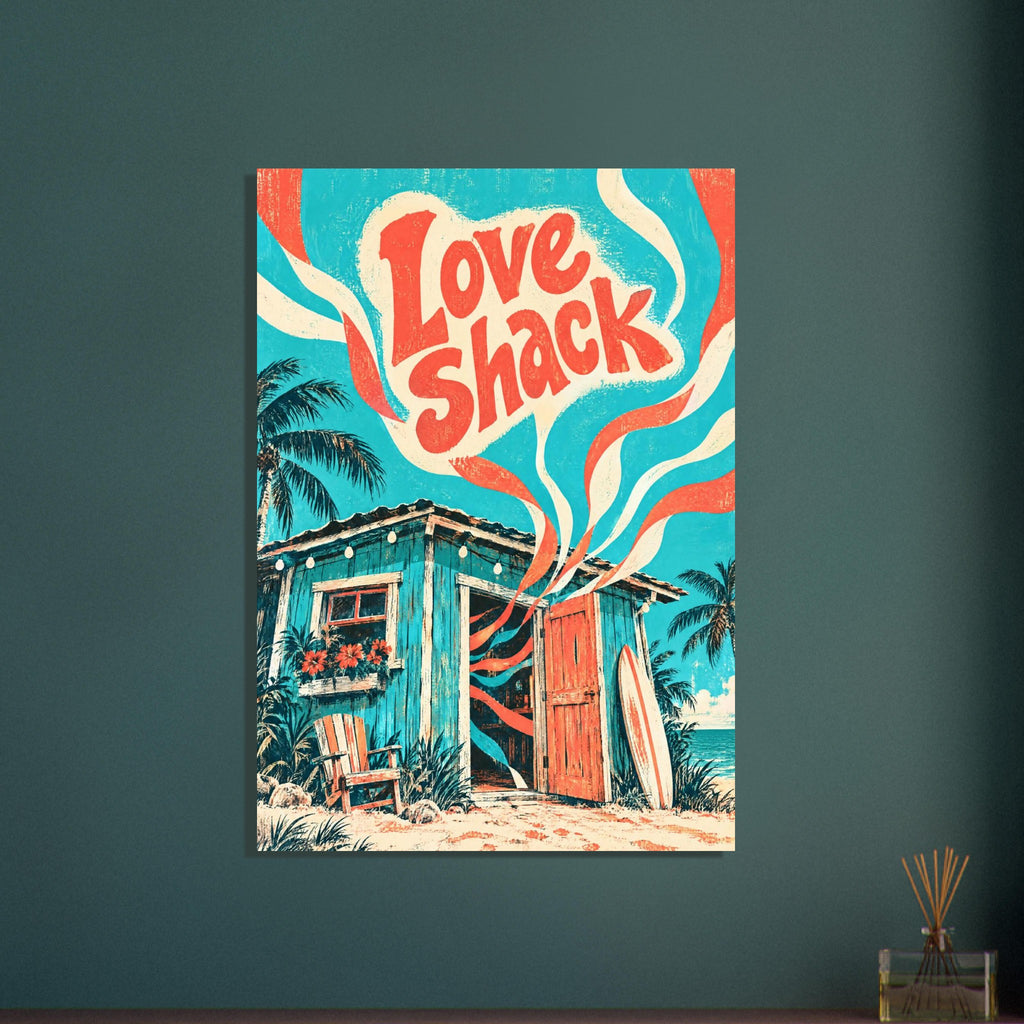 Love Shack lettering above a turquoise beach hut with a coral door, surfboard, palms and swirling cream and coral ribbons.