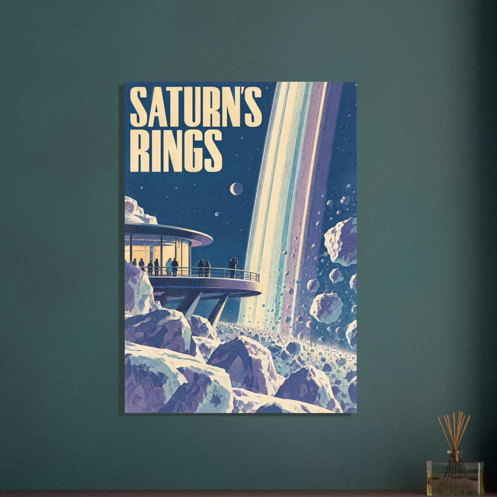 Saturn’s rings above a rocky landscape, with figures on an observation deck and large cream lettering against blue space.