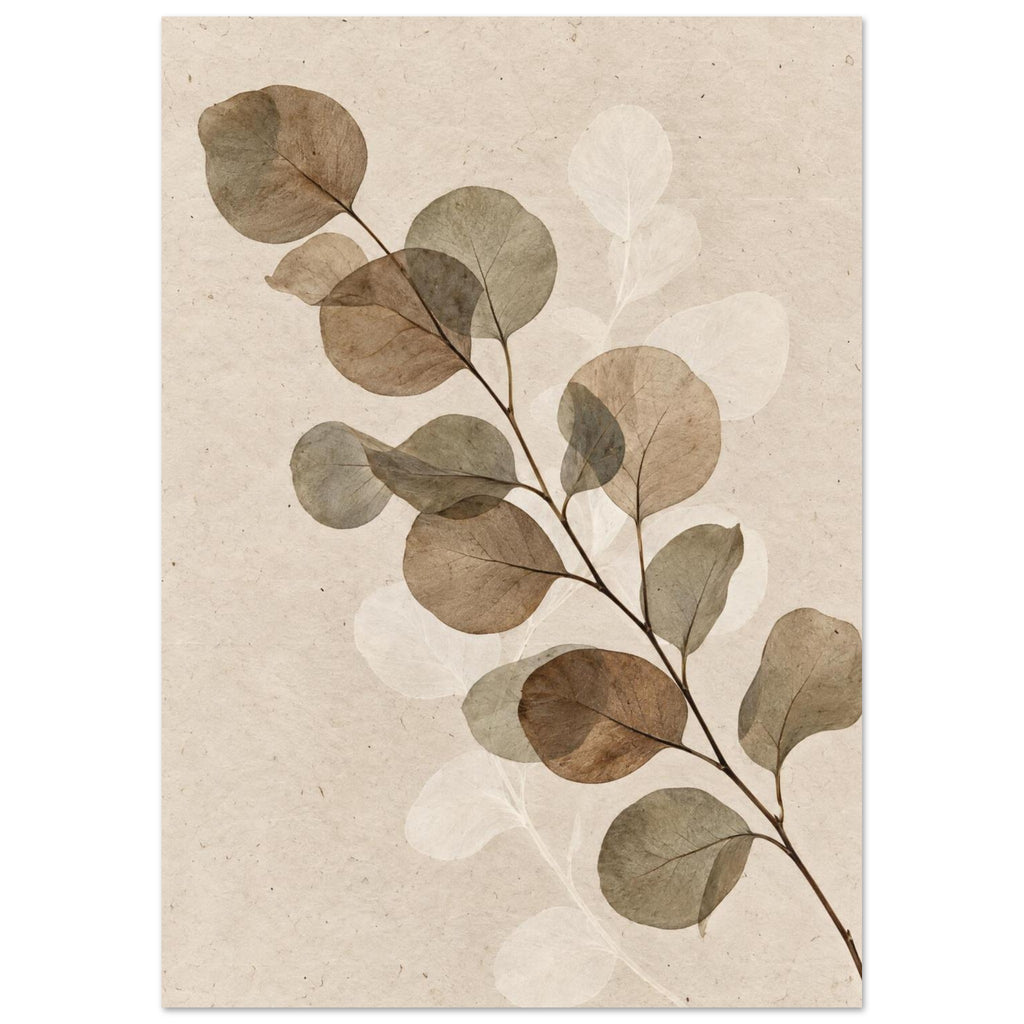 Eucalyptus branch with translucent brown and grey-green leaves over pale leaf silhouettes on a textured cream background.