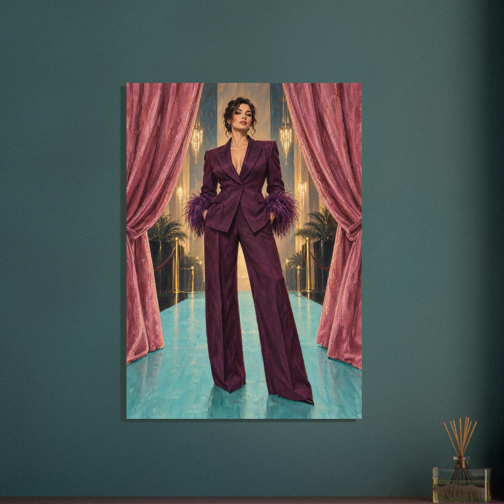 The Feathered Entrance shows a woman in a plum suit with feather-like cuffs standing between rose curtains on an aqua floor.