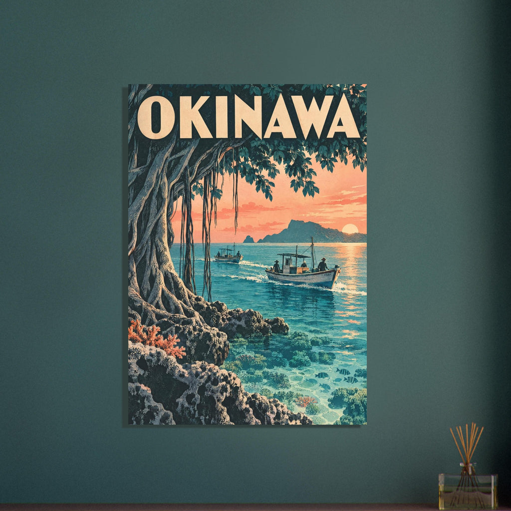 Okinawa lettering above a coastal tree, boats on turquoise water, rocky shallows and a low sun behind distant islands.