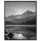 Mountain peaks and conifer forests reflected in a misty lake, with rocks in the foreground, in black and white.