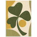 Green three-leaf shamrock with a curved stem, yellow circle and flowing mustard and muted green shapes on cream.