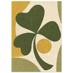 Green three-leaf shamrock with a curved stem, yellow circle and flowing mustard and muted green shapes on cream.