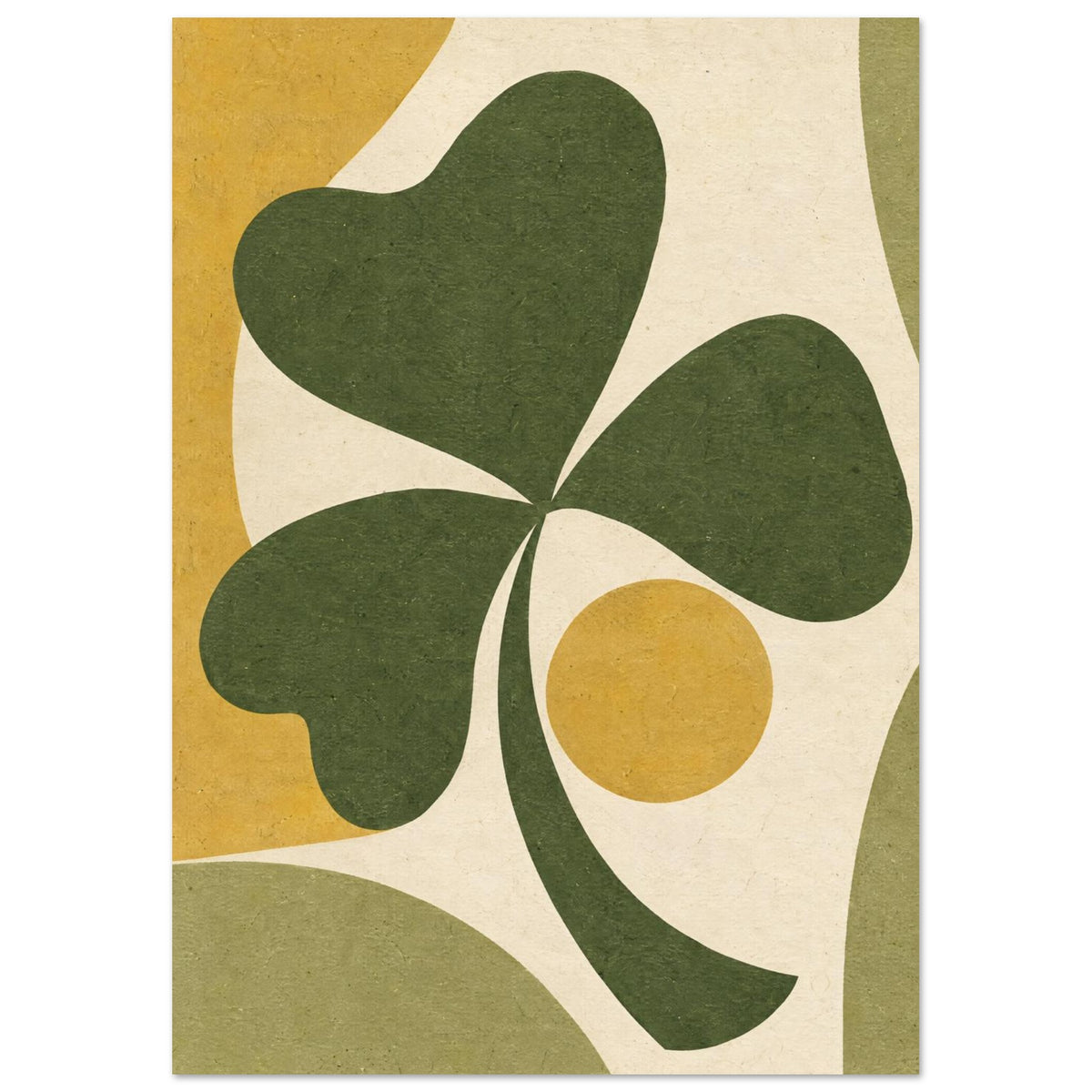 Green three-leaf shamrock with a curved stem, yellow circle and flowing mustard and muted green shapes on cream.