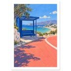 Coastal Bus Stop Colourful Art Print – White Border