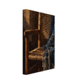 Wooden woven chair draped with a patterned blue fringed throw, painted in warm light against a dark brown interior.