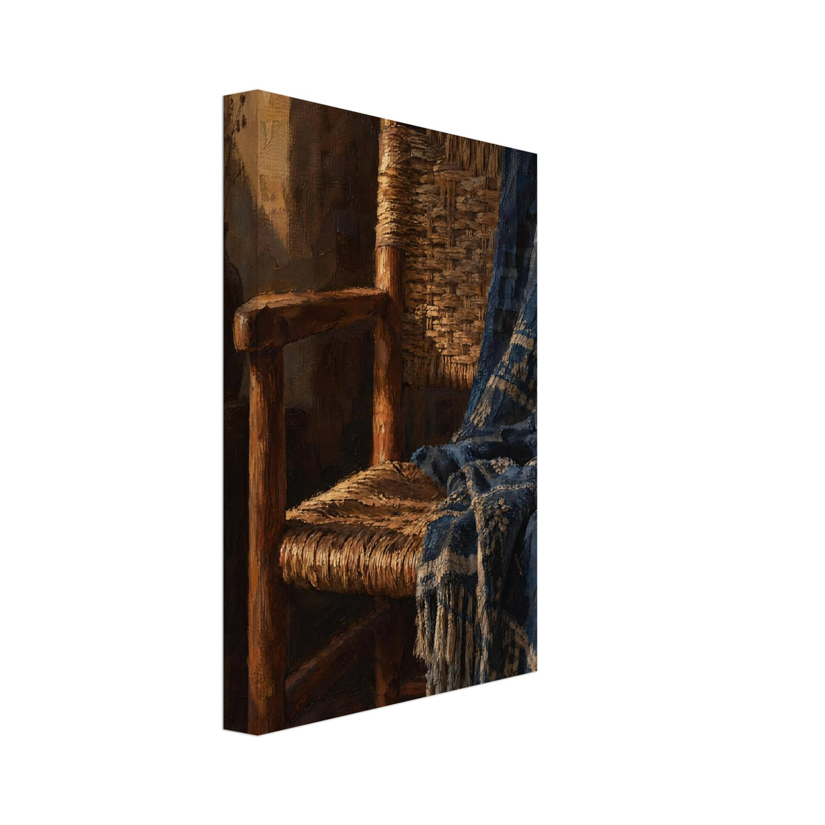 Wooden woven chair draped with a patterned blue fringed throw, painted in warm light against a dark brown interior.