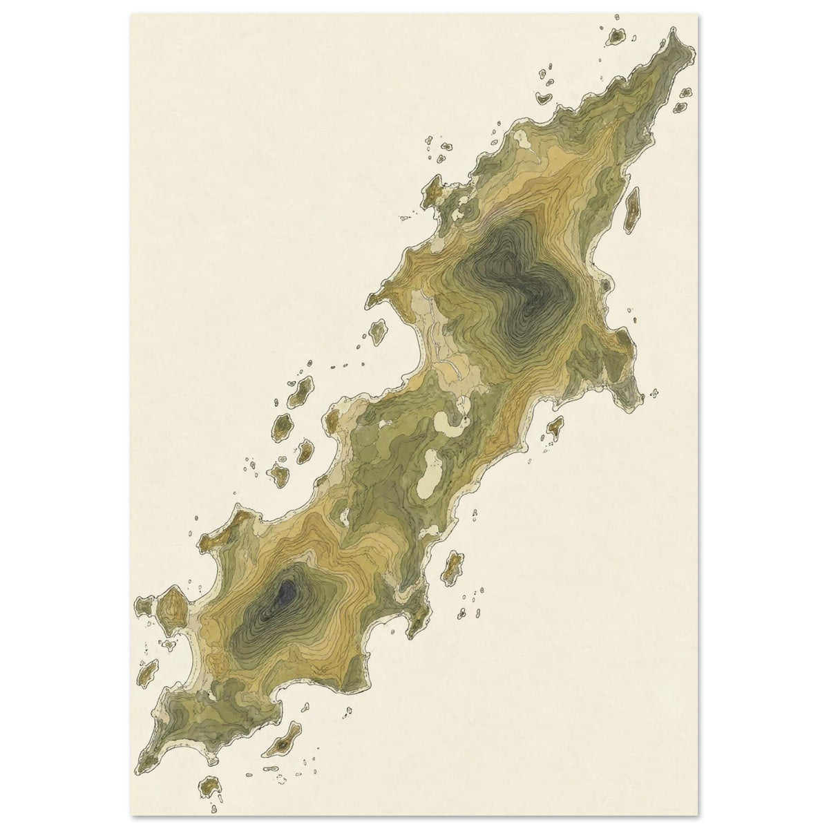 Island Contour Map Olive – illustration wall art print by Printavelle – close-up
