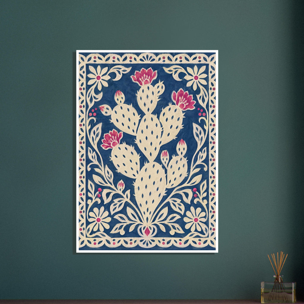 Cream prickly pear cactus with pink blooms on a textured navy background, surrounded by an ornate floral border.