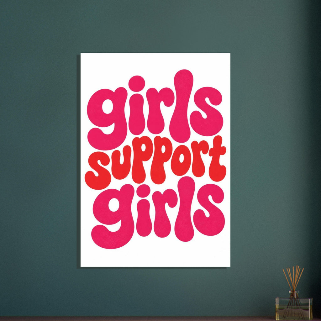 Girls support girls written in chunky, rounded lowercase letters, with pink ‘girls’ and red ‘support’ on white.
