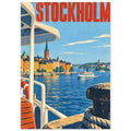 Stockholm Waterfront Retro Travel – illustration wall art print by Printavelle – close-up