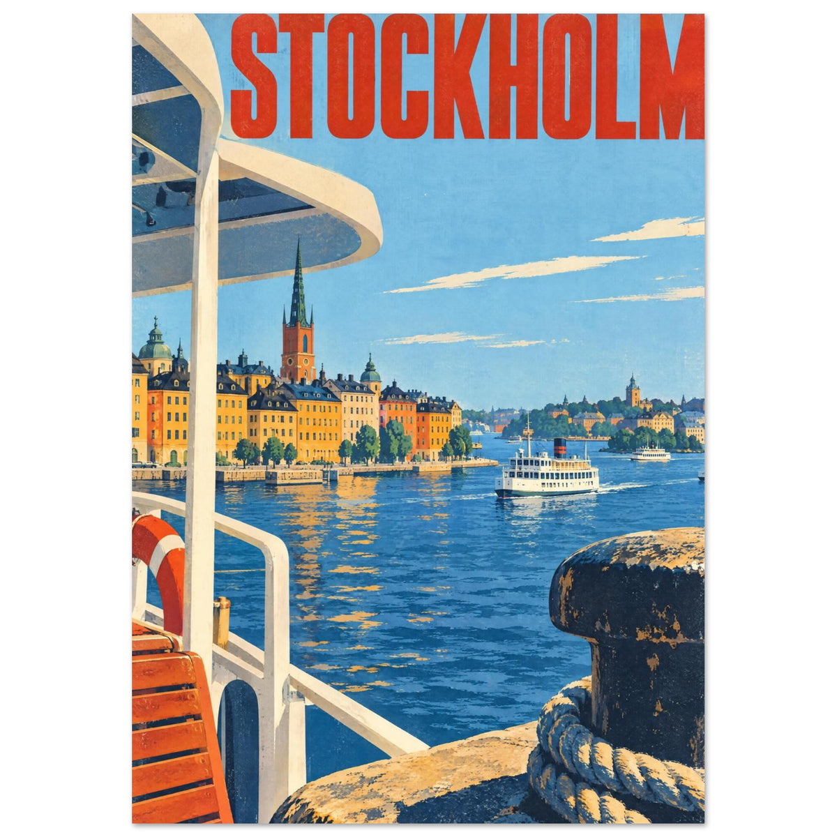Stockholm Waterfront Retro Travel – illustration wall art print by Printavelle – close-up