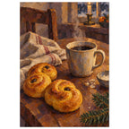 Saffron Buns at Dusk shows two saffron buns, coffee, folded linen and a fir sprig on a tilted table in ochre, aubergine and o