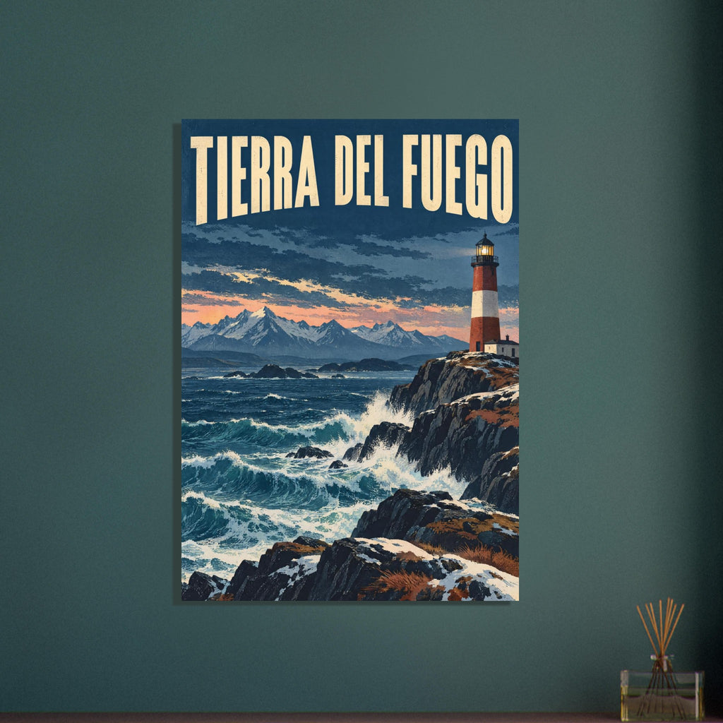 Red-and-cream lighthouse above crashing waves and snowy rocks, with mountains and large Tierra del Fuego lettering.