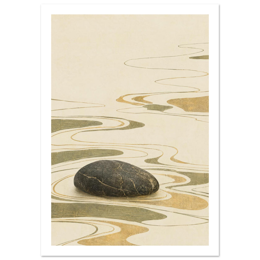Dark rounded stone surrounded by flowing olive and ochre ripple lines and shapes on a textured cream background.
