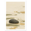 Dark rounded stone surrounded by flowing olive and ochre ripple lines and shapes on a textured cream background.