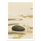 Dark rounded stone surrounded by flowing olive and ochre ripple lines and shapes on a textured cream background.
