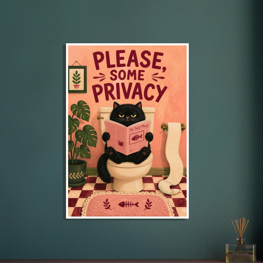 Black cat reading a newspaper on a toilet beneath ‘PLEASE, SOME PRIVACY’, with plants and a peach bathroom backdrop.