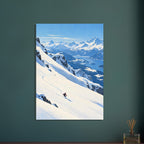 Lone skier carving tracks down a snowy slope above a blue lake, forested valleys and distant snow-covered mountains.