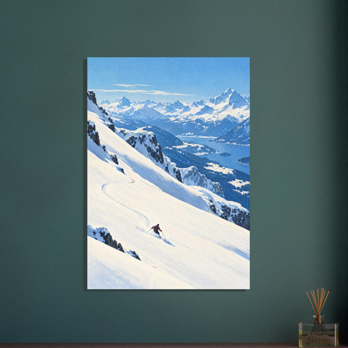 Lone skier carving tracks down a snowy slope above a blue lake, forested valleys and distant snow-covered mountains.