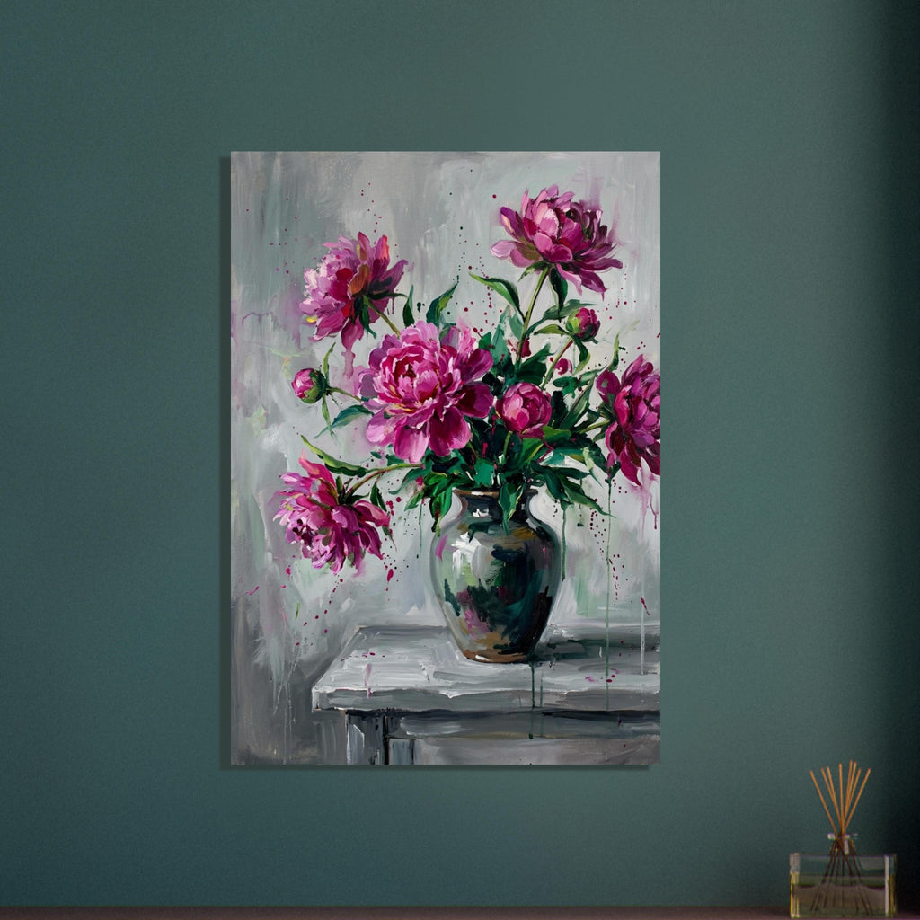 Pink peonies and green leaves in a dark reflective vase on a grey table, painted with loose brushstrokes and drips.