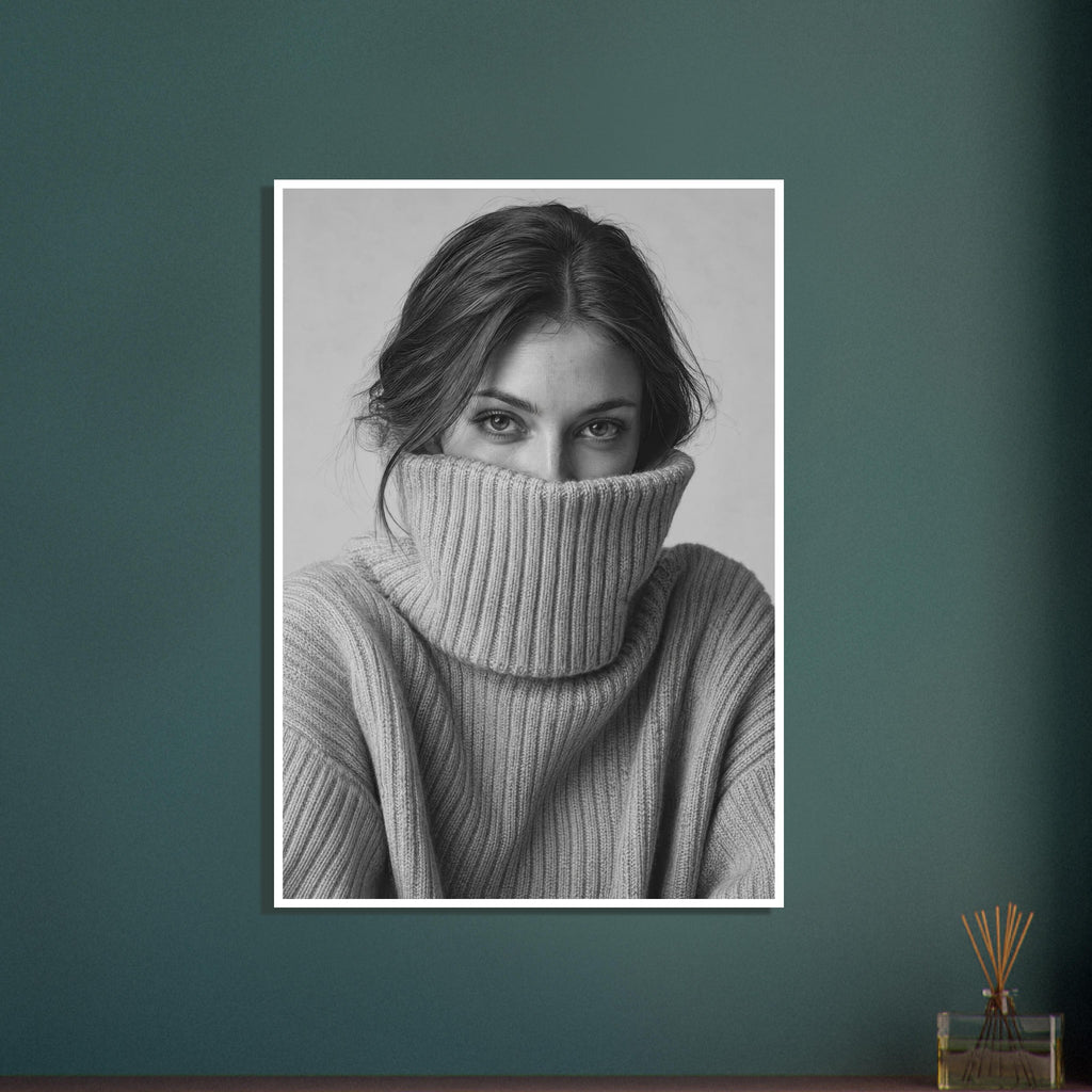 Woman with dark hair looking directly ahead, her ribbed jumper pulled over her mouth, in a black and white portrait.