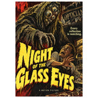 Hooded monster with glass eyes menaces a frightened man beneath yellow ‘Night of the Glass Eyes’ lettering.